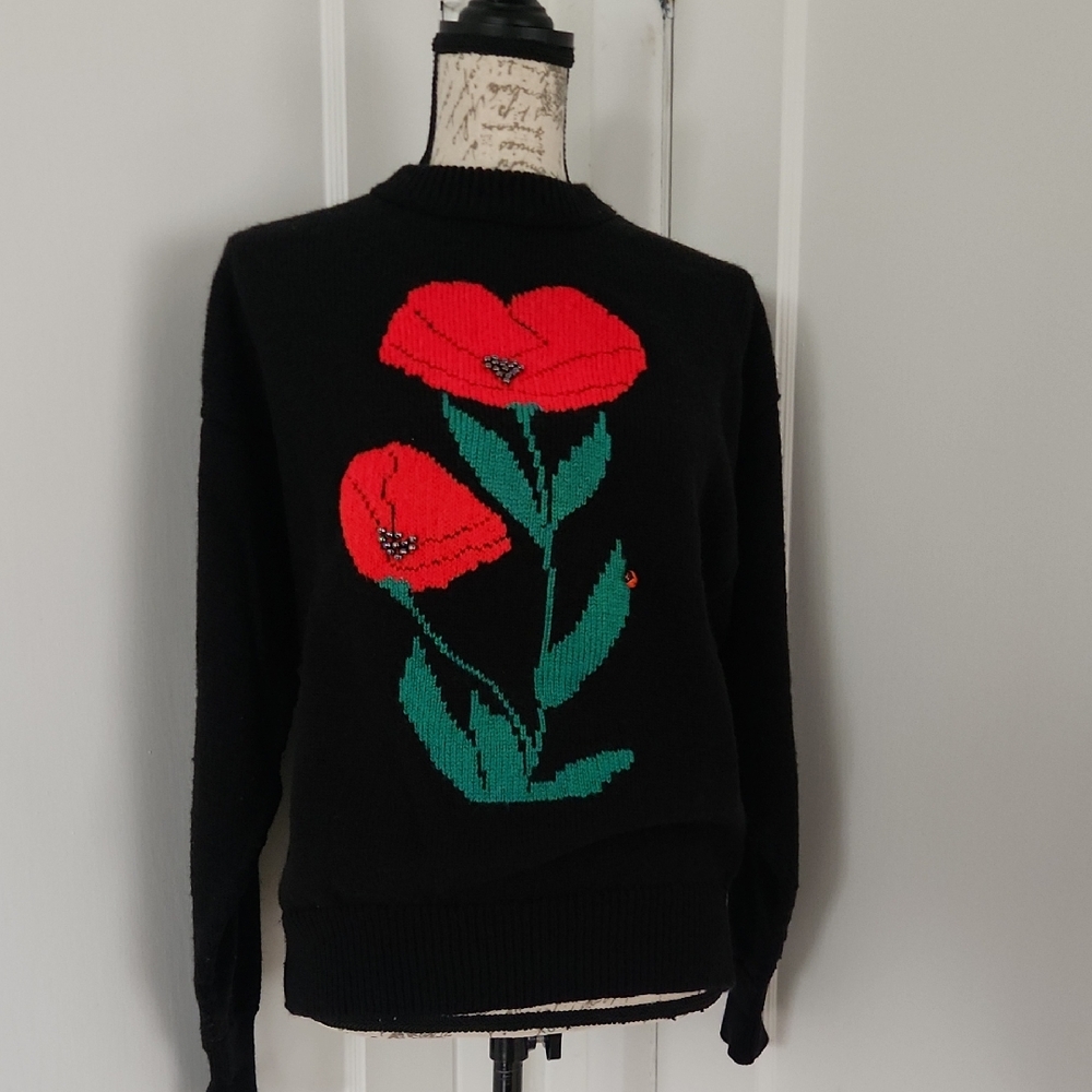 Chic Floral Knit Sweater - Black with Red and Green Design